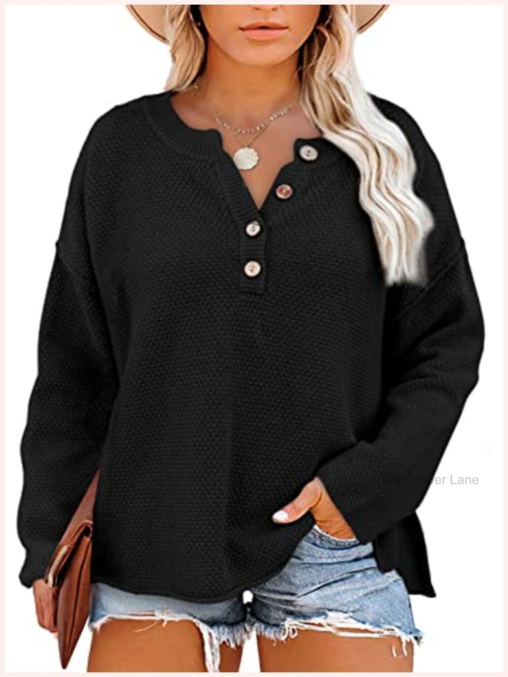 Plus Size Henley Sweater Loose V Neck Button Knit Pullover